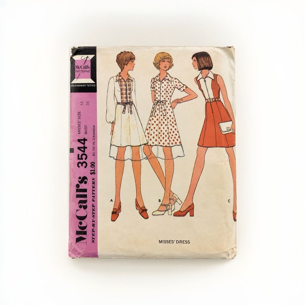 Vintage 1973 McCall’s 3544 Misses Dress Sewing Pattern Size 14 Bust 36 Retro 70s